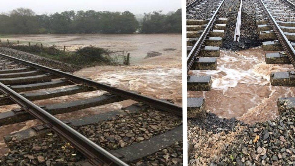 Flooded rail line at Pontrilas