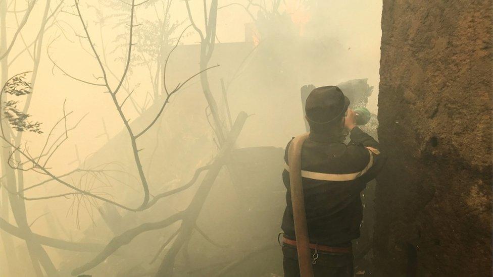 A firefighter attempts to put out a fire near a hospital in Ain al-Hammam village in the Tizi Ouzou region, east of Algiers, Algeria August 10