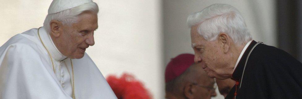 Former Archbishop of Boston, Cardinal Bernard Law, greets Pope Benedict XVI in Vatican City, 7 June 2006