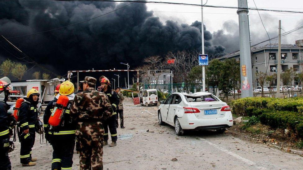 Police at the site of the explosion