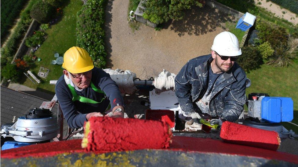 Men painting Happisburgh Lighthouse