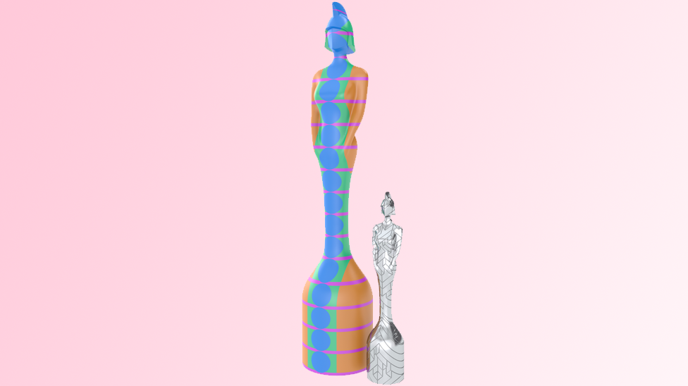 Edited image of the 2021 BRIT award, which has been designed by Es Devlin OBE and Yinka Ilori MBE