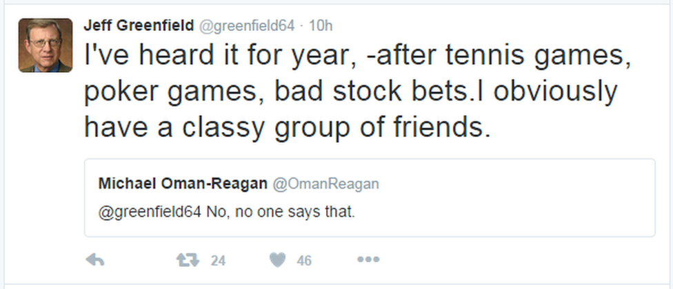 A tweet from Jeff Greenfield reads: "I've heard it for year, -after tennis games, poker games, bad stock bets.I obviously have a classy group of friends."