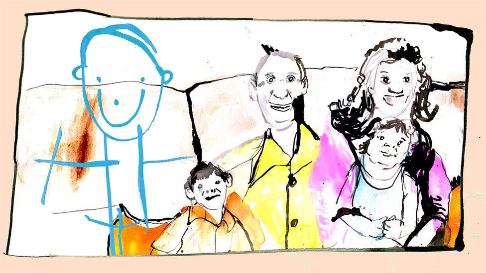 Family portrait with a boy drawn in