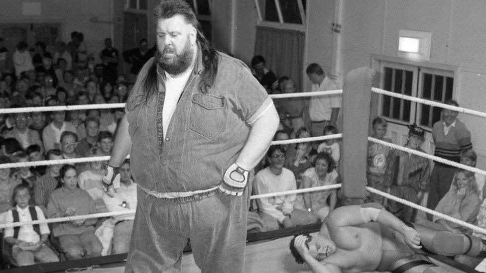 Giant Haystacks in Aberporth Village Hall