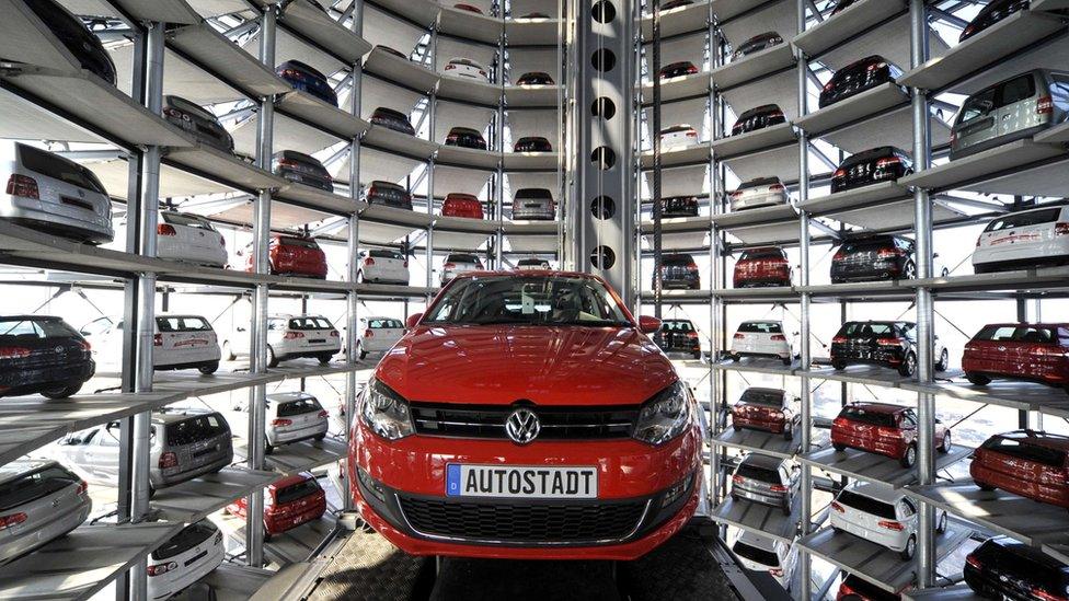 A VW Golf VI car is pictured at the "Car Towers" in the Autostadt