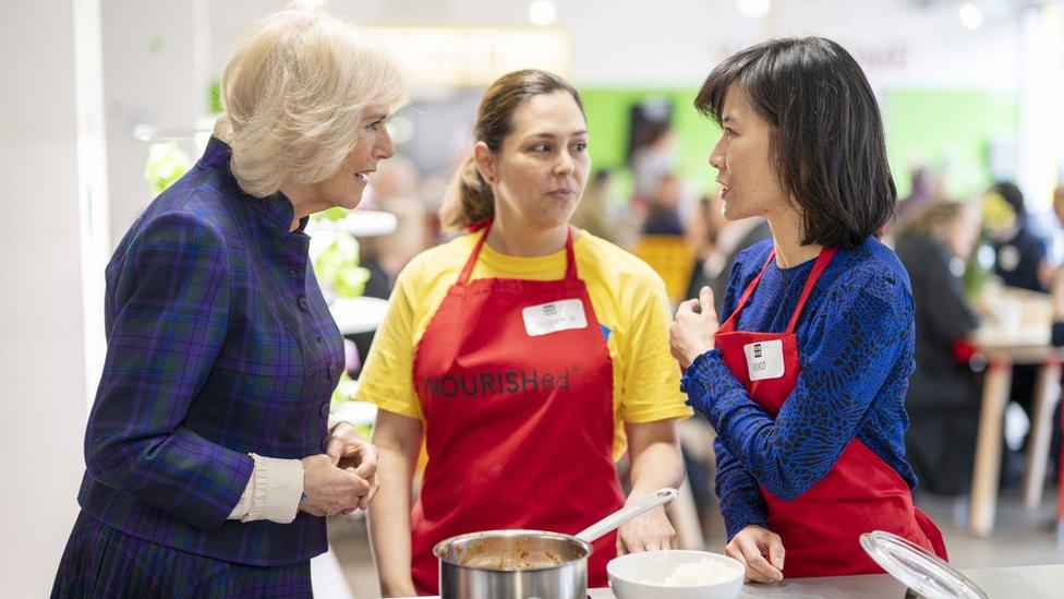 the Duchess of Cornwall during her visit to the UKHarvest charity's West London "Nourish Hub"