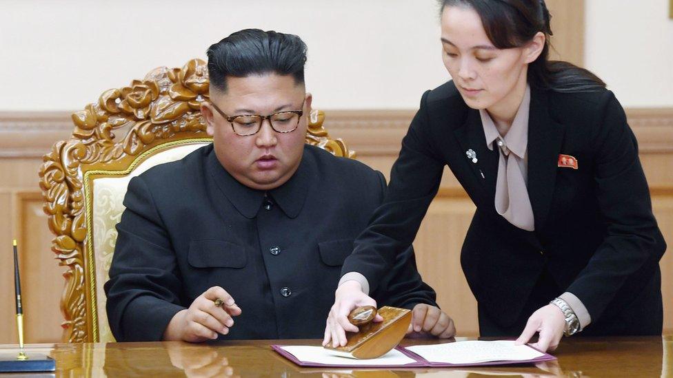 Image shows North Korean leader Kim Jong-un being assisted by his sister Kim Yo-jong