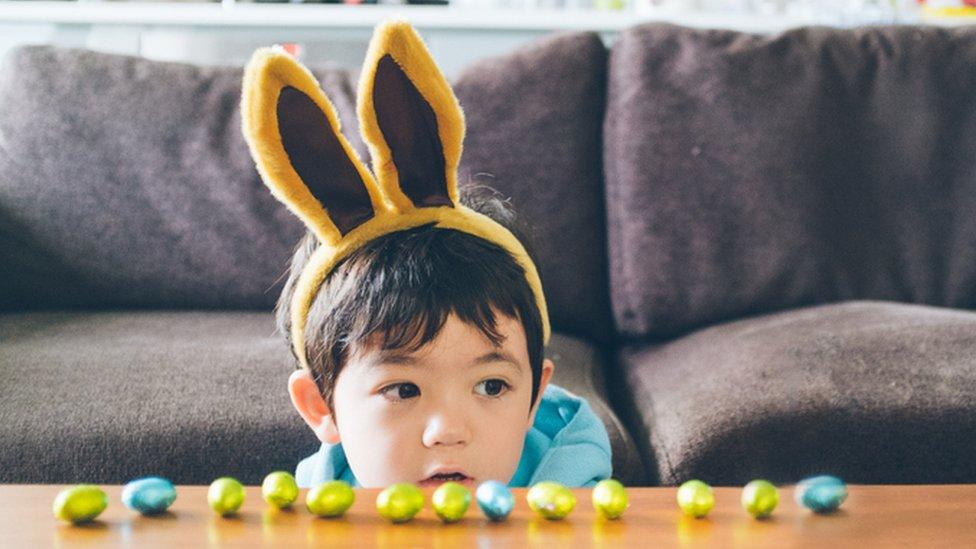 Boy in bunny ears looks at chocolate eggs lined up on coffee table