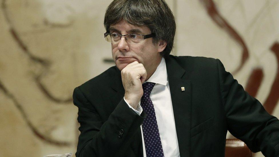 Catalan regional President Carles Puigdemont chairs the Catalan Government"s weekly meeting in Barcelona