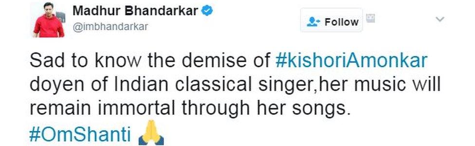 Sad to know the demise of #kishoriAmonkar doyen of Indian classical singer,her music will remain immortal through her songs. #OmShanti 🙏