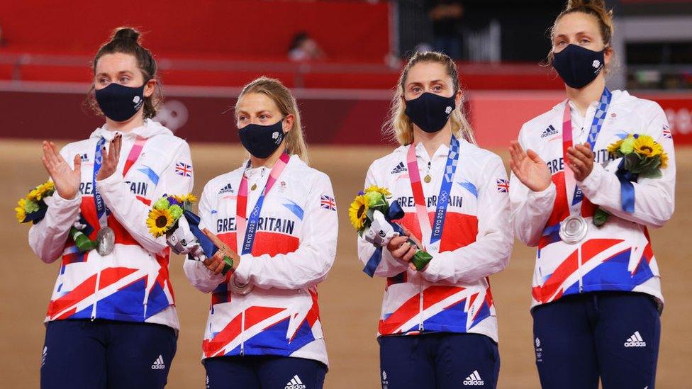 Katie Archibald, Neah Evans, Laura Kenny and Josie Knight of Team Great Britain, pose on the podium during the medal ceremony after the Women's team pursuit finals of the Track Cycling.