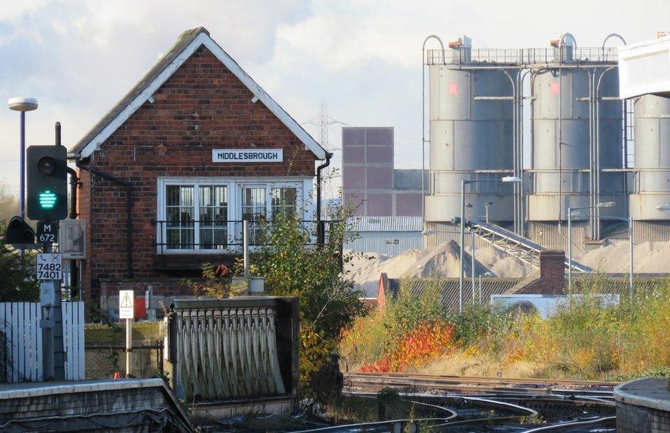 Signal box at the west end of Middlesbrough railway station