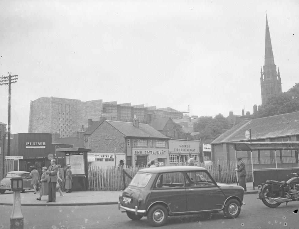 Fishy Moores fish and chip shop with Coventry Cathedral in the background