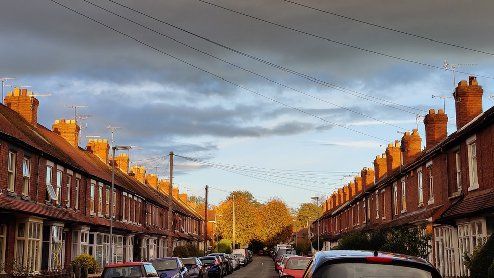 Terraced houses on a street in Staffordshire