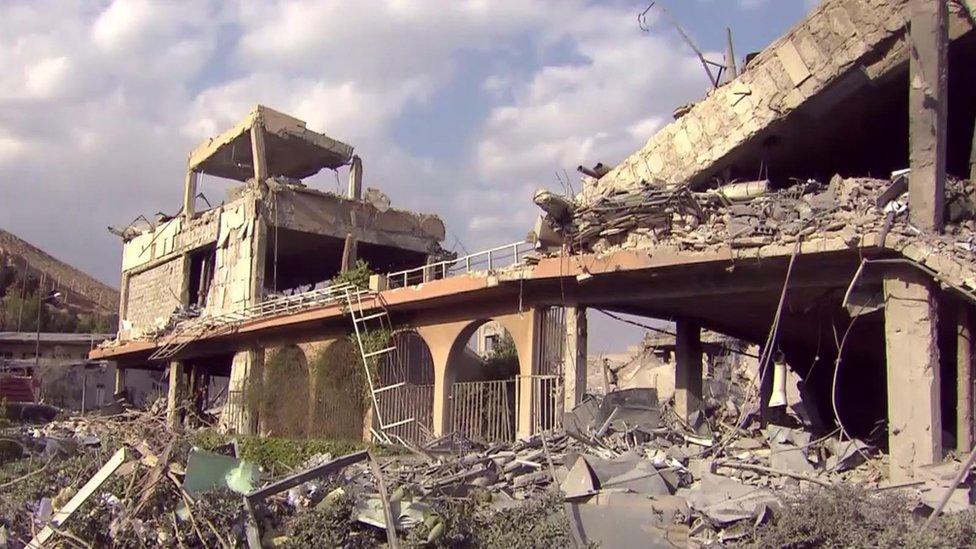 The post-strike destroyed Barzeh complex in Damascus, as shown by CBS News on 14 April 2018