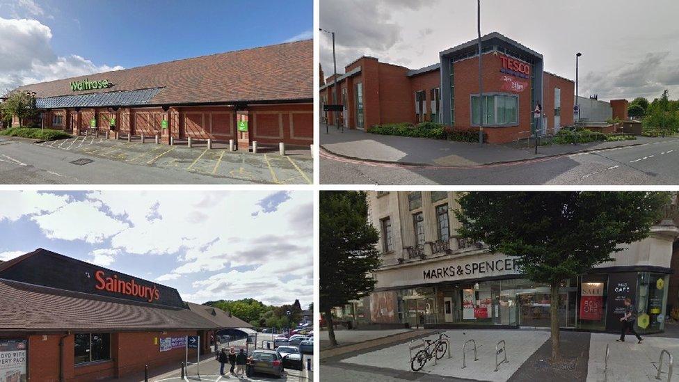 (Clockwise L-R) Waitrose, Audley Avenue, Newport; Tesco, Camden Street, Birmingham; Sainsbury's Chapel Lane, Selly Oak and Marks and Spencer, High Street Birmingham