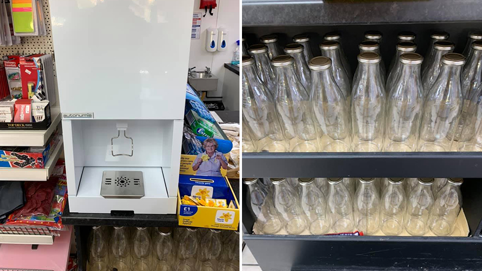 Side-by-side image of the milk machine and lots of glass bottles