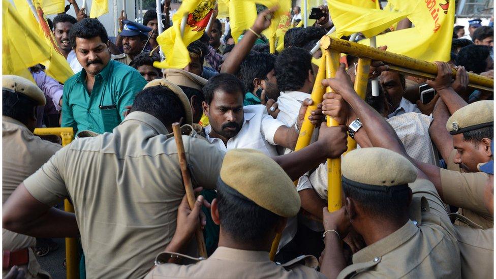 Protesters try to enter a Chennai cricket stadium during a protest.