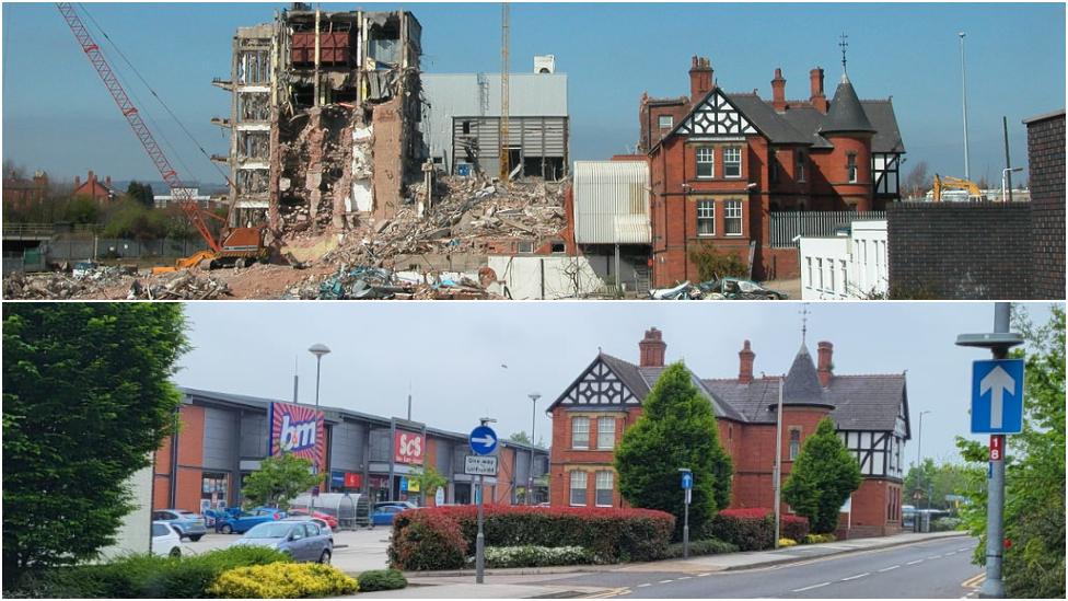 Wrexham's Carlsberg-Tetley brewery site has become a retail park but the old office remains