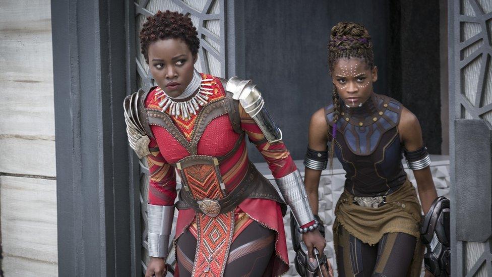 L to R: Nakia (Lupita Nyong'o) and Shuri (Letitia Wright)