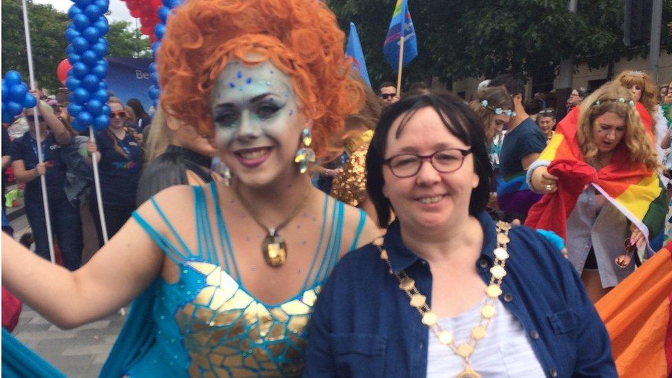 The parade was led by Mary Ellen Campbell - Belfast's first openly gay deputy mayor