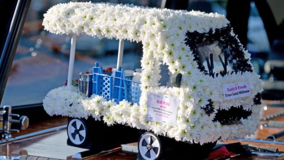 Flowers made into the shape of Mr Moss' milk float