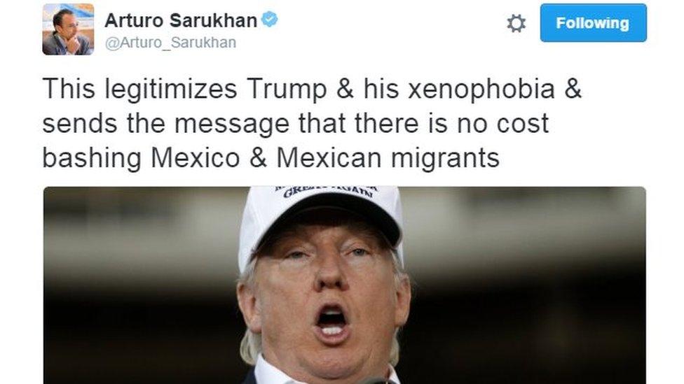 Tweet by Arturo Sarukhan reading: "This legitimizes Trump & his xenophobia & sends the message that there is no cost bashing Mexico and Mexican migrants"