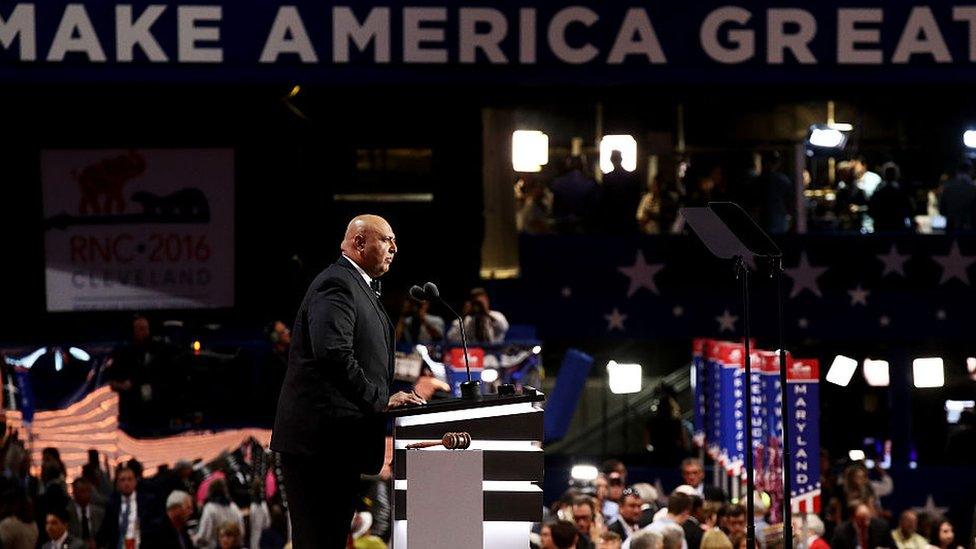 Sajid Tarar, founder of Muslims for Trump, delivers a speech on the second day of the Republican National Convention on July 19, 2016 at the Quicken Loans Arena in Cleveland, Ohio.