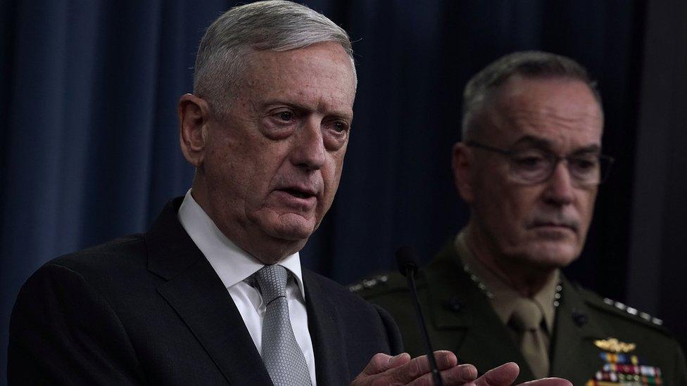 U.S. Defense Secretary Jim Mattis (L) and Chairman of the Joint Chiefs of Staff Gen. Joseph Dunford (R) brief members of the media on Syria at the Pentagon April 13, 2018