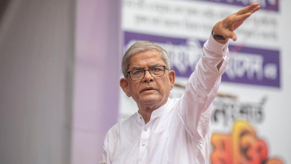 Bangladesh Nationalist Party (BNP) secretary general Mirza Fakhrul Islam Alamgir gestures during a rally