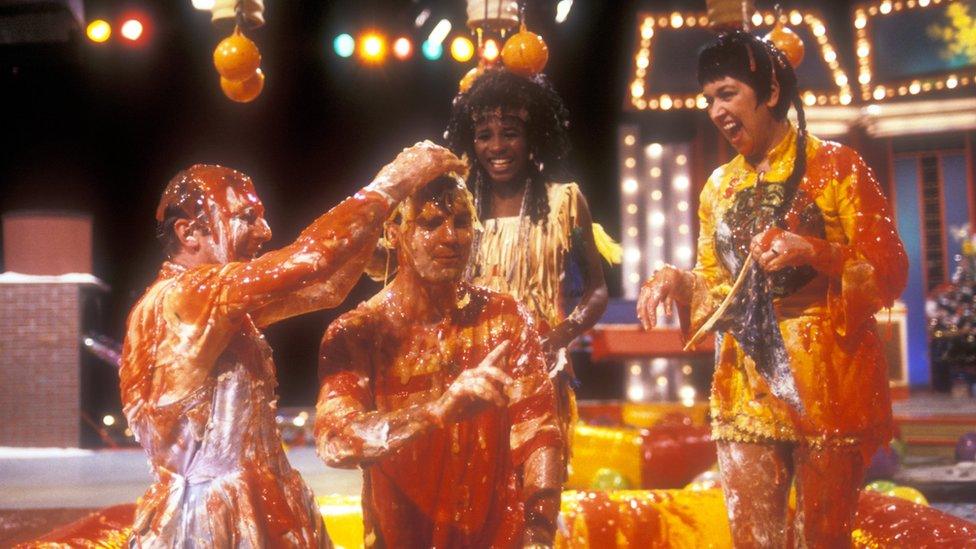 Left-right: Doc Cox, Peter Simon, Sinitta and Ruth Madoc in the gunge on Going Live!