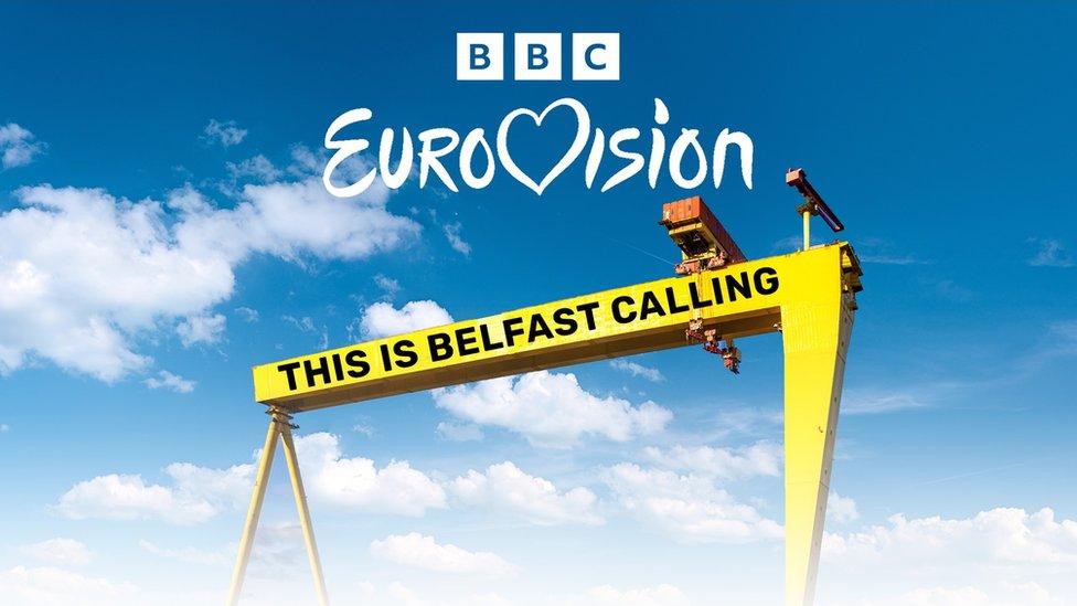 The BBC's promotional image for the documentary "This is Belfast calling" featuring a Harland and Wolf crane and The words 'BBC Eurovision'