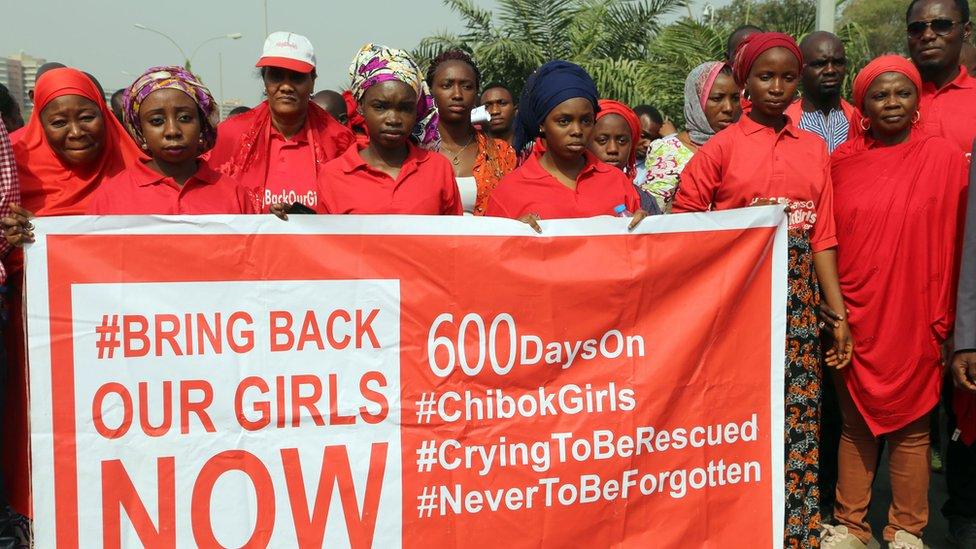 Members of the 'Bring Back Our Girls' movement march to press for the release of the missing Chibok schoolgirls kidnapped in 2014