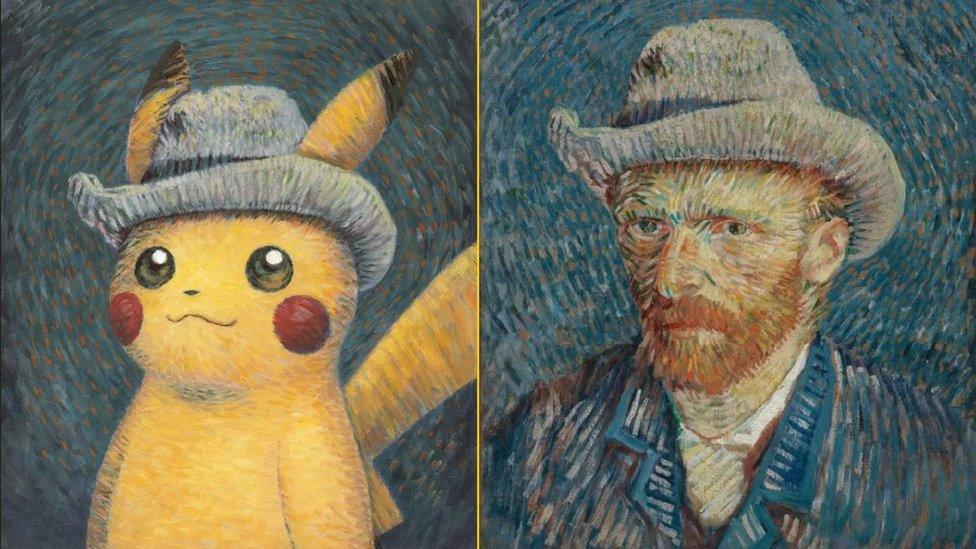 A painting of Pikachu next to Van Gogh's 'Self-Portrait with Grey Felt Hat'