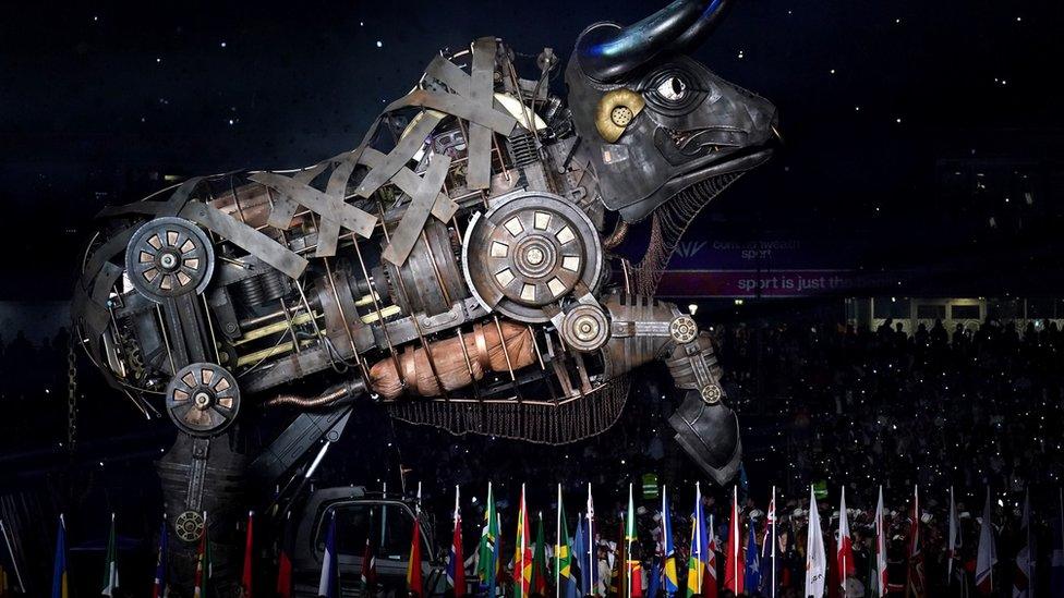 The bull during the opening ceremony of the Birmingham 2022 Commonwealth Games at the Alexander Stadium, Birmingham