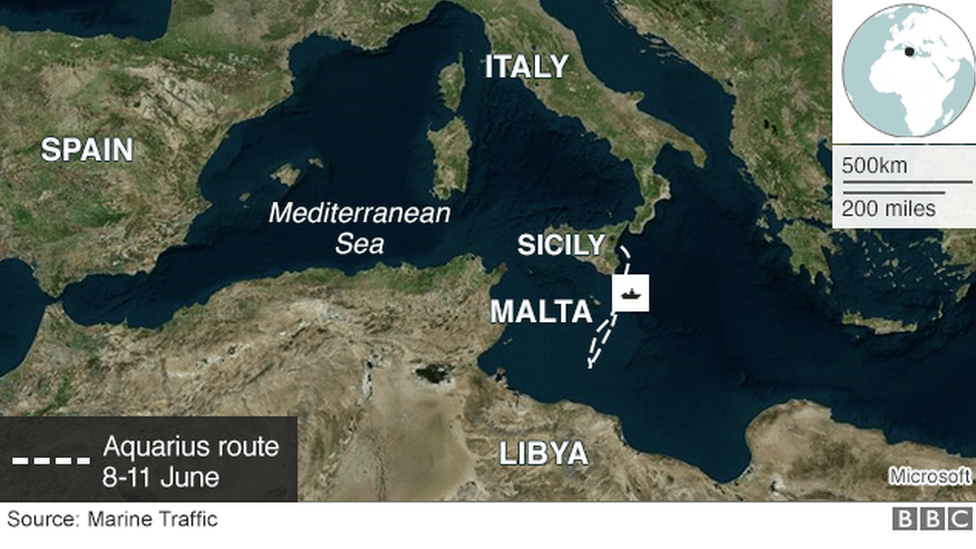 Map showing the approximate location of the ship Aquarius