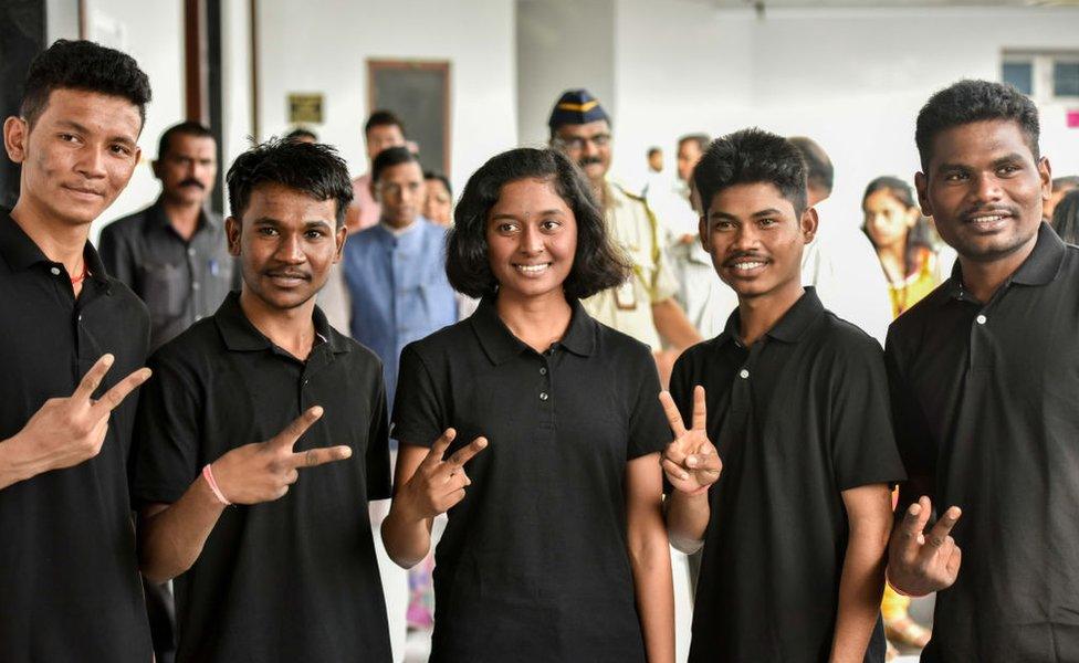 (L-R) Umakant Madavi, Parmesh Aale, Manisha Dhurve, Vikas Soyam and Kavidas Katmode who climbed Mount Everest in Mumbai on 30 May 2018