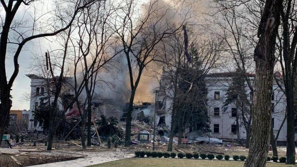 A view shows Donetsk Regional Theatre of Drama destroyed by an airstrike