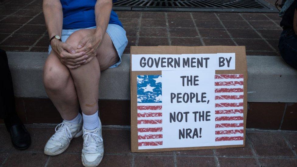 A woman sits by a sign that says "Government for the people not the NRA"