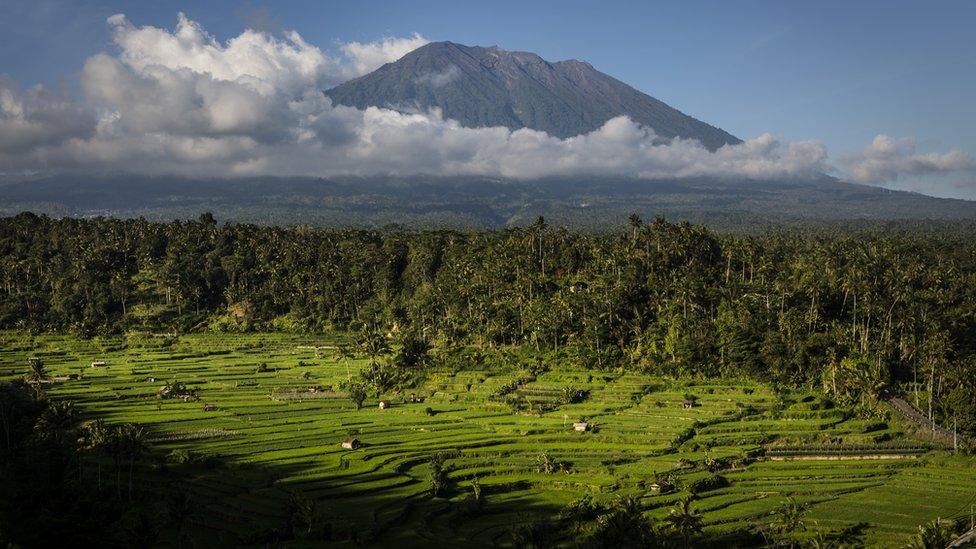 A shot of Mount Agung in the distance