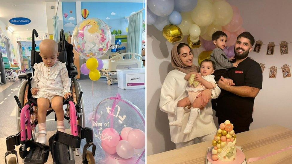 Elaiya in wheelchair and with family and balloons