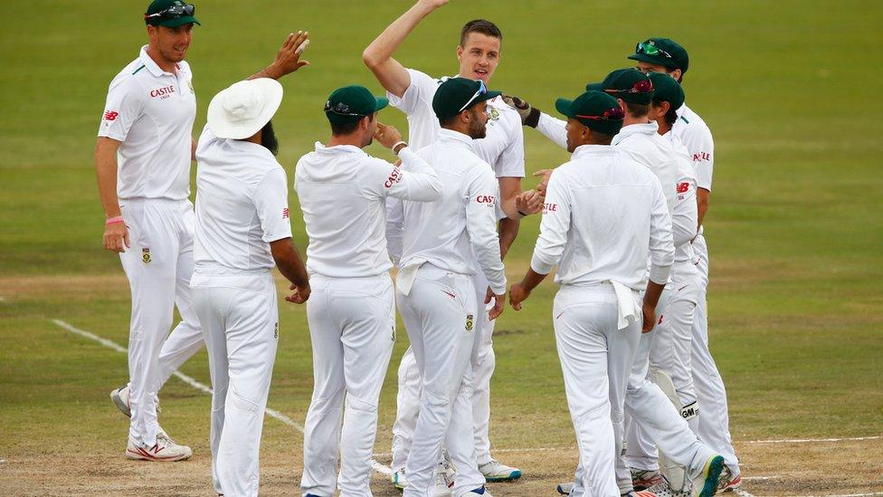 Morne Morkel of South Africa celebrates catching and bowling out Alastair Cook of England during day four of the 4th Test at Supersport Park on January 25, 2016 in Centurion, South Africa.