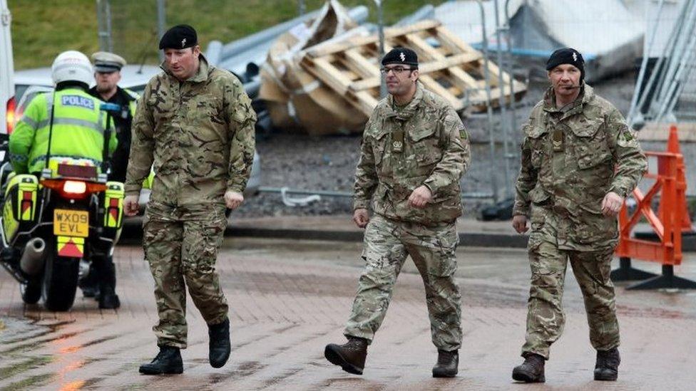 Military personnel outside Salisbury District Hospital