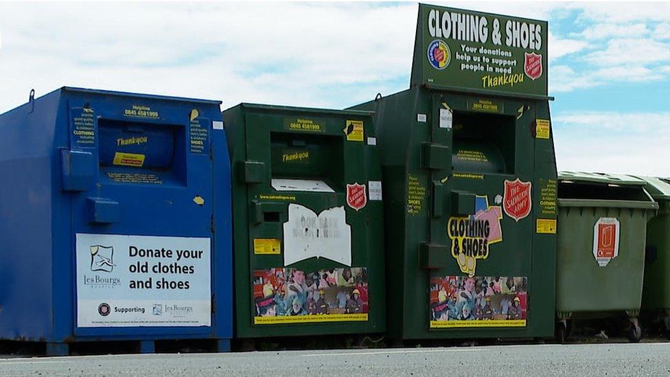 Textile and book collection bins at Salerie Corner, Guernsey