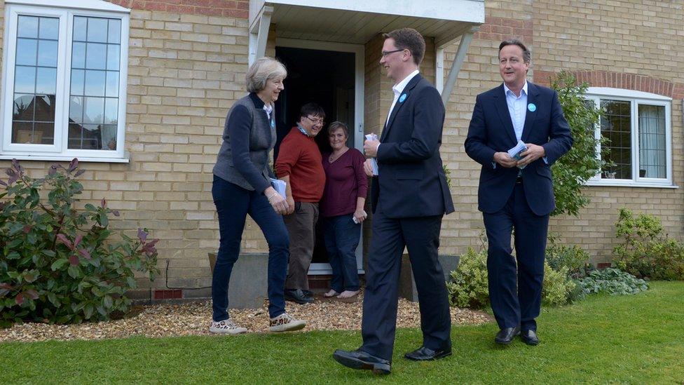 Theresa May and David Cameron campaigning with Robert Courts