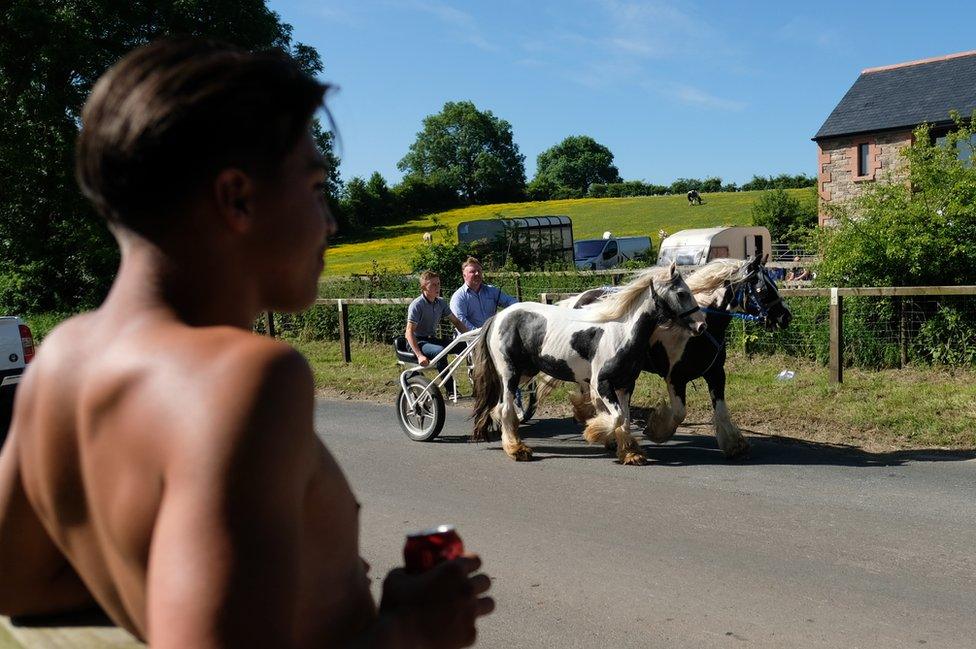 A young man stands and watches the horses on the first day of the Appleby Horse Fair