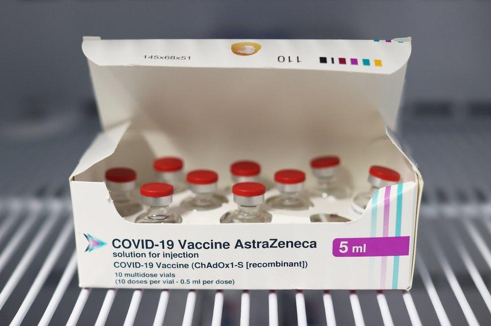 A box full of doses of the Oxford-AstraZenica Covid-19 vaccine