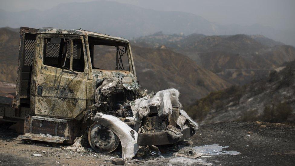 A burned truck is seen at the La Tuna Fire on September 3, 2017 near Burbank, California