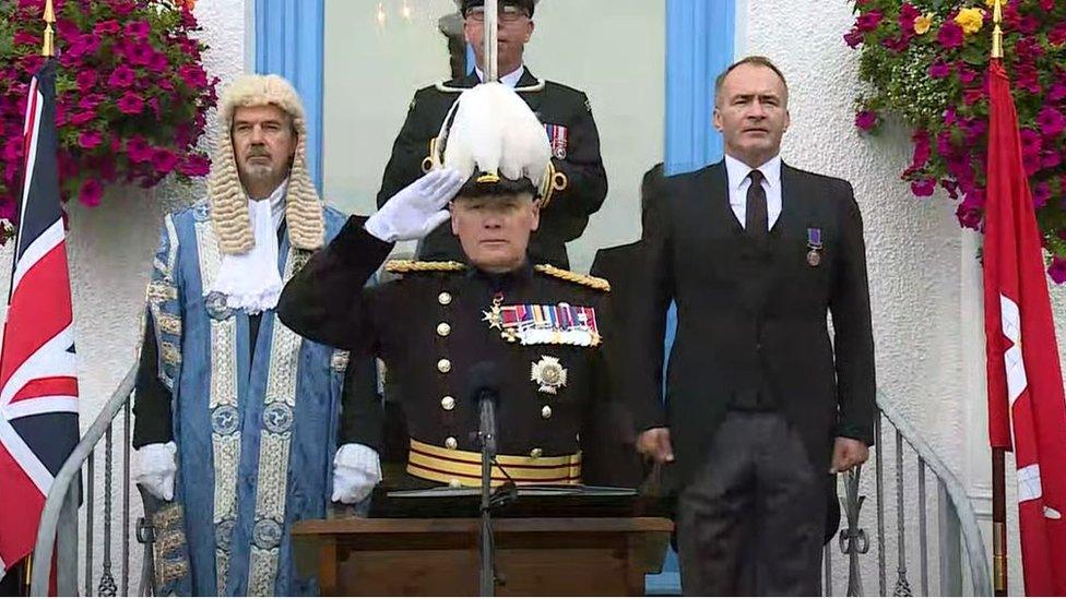 Lieutenant Governor, president of Tynwald and chief minister on the steps at Government House